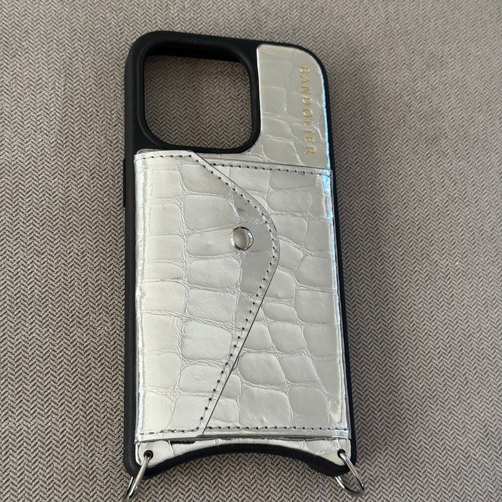 Bandolier iPhone 15 Pro Silver Croc Wallet Phone Case Card Holder No Strap